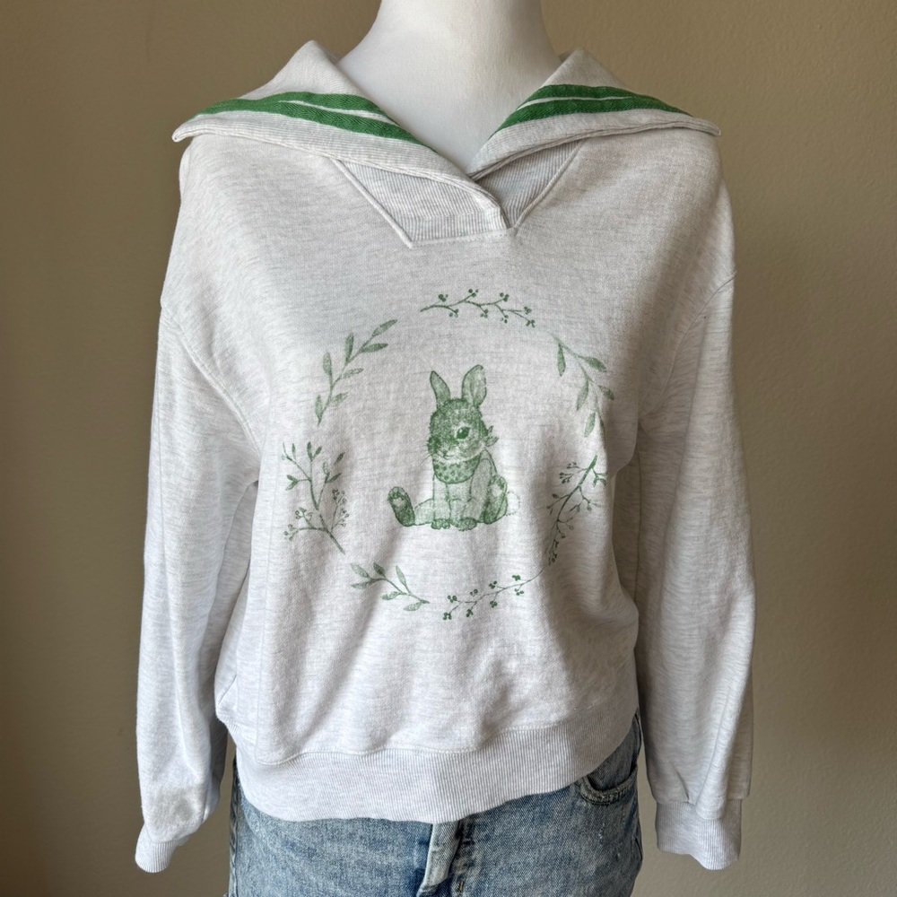 White Sweatshirt with Green Bunny Print